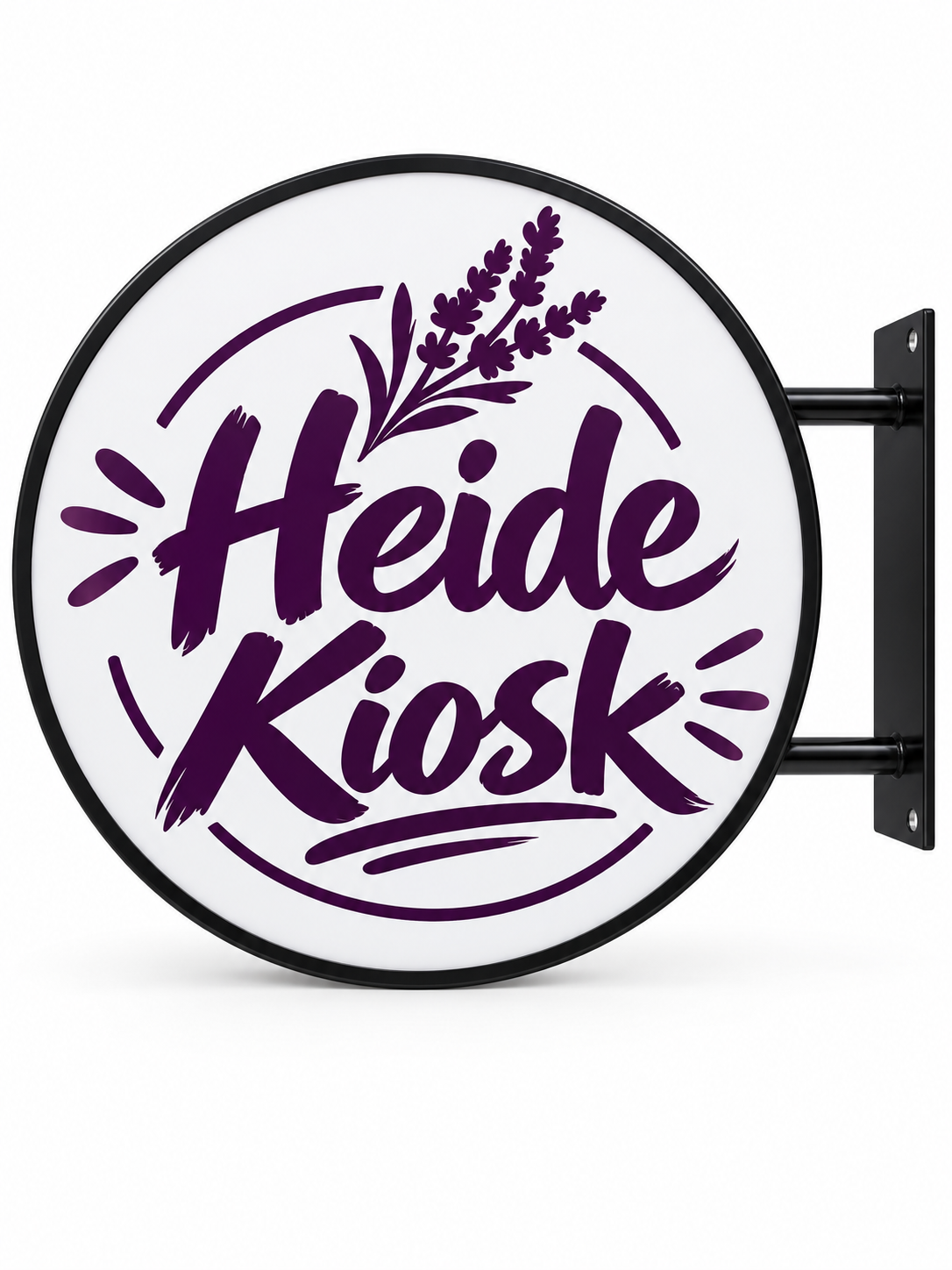 Heide Kiosk 60 cm black round LED sign with purple lettering and botanical artwork on a white face
