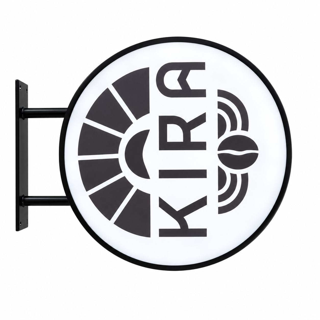 KIRA 60 cm round LED sign with black frame and vertical logo, K at the bottom