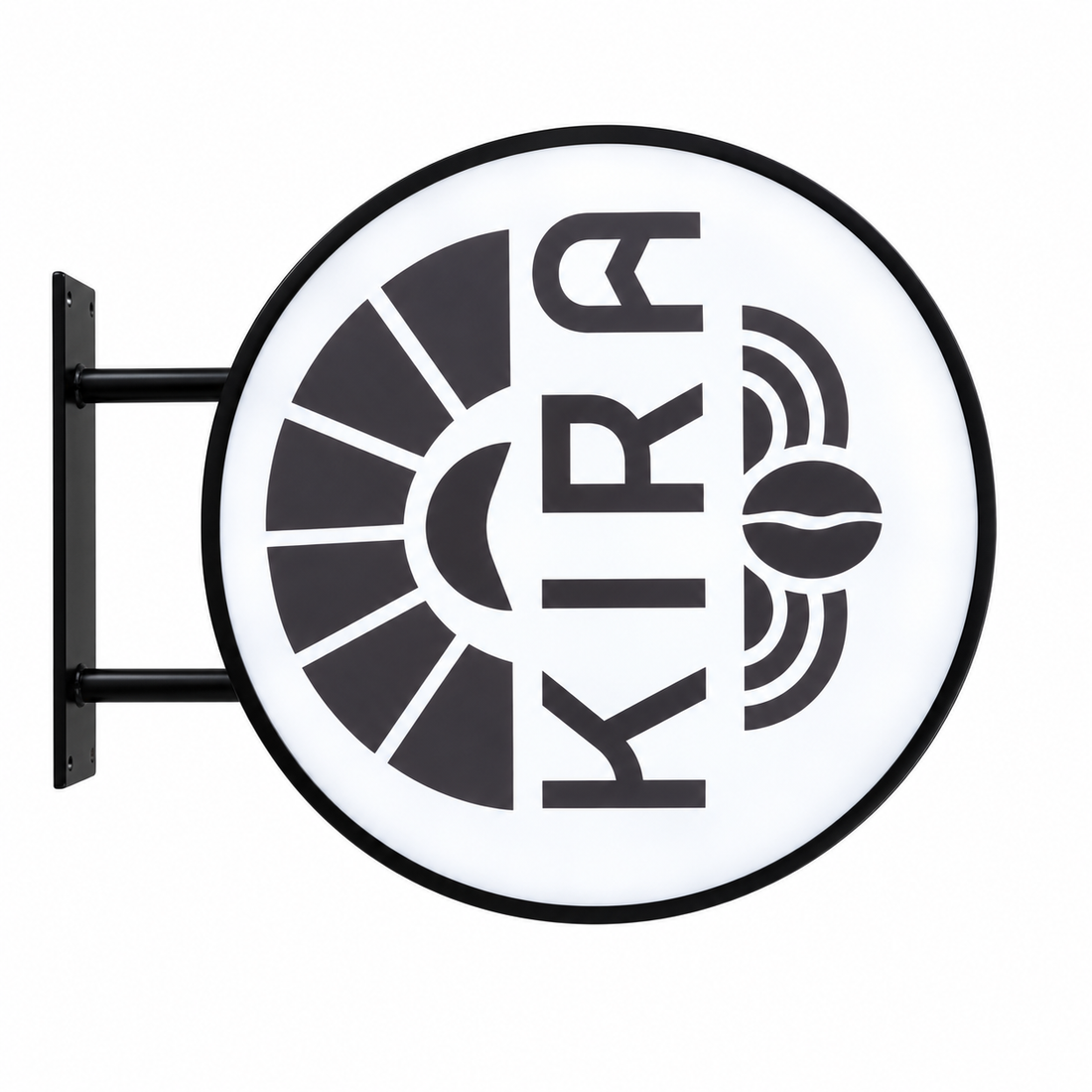 KIRA 60 cm round LED sign with black frame and vertical logo, K at the bottom