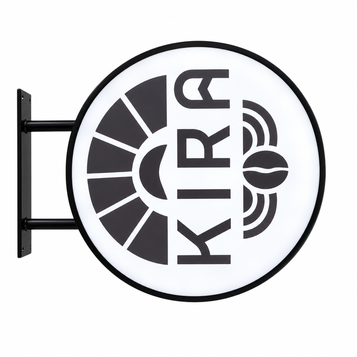 KIRA 60 cm round LED sign with black frame and vertical logo, K at the bottom
