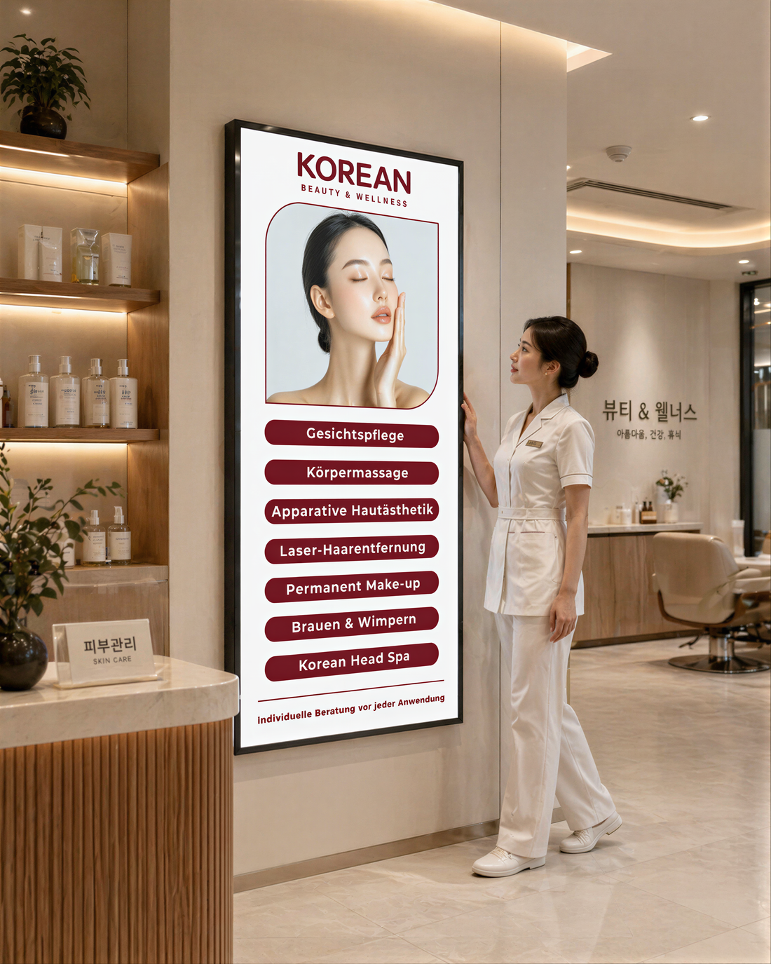 Korean Beauty Clinic LED Lightbox Display Installation – Interior Advertising Signage | Germany