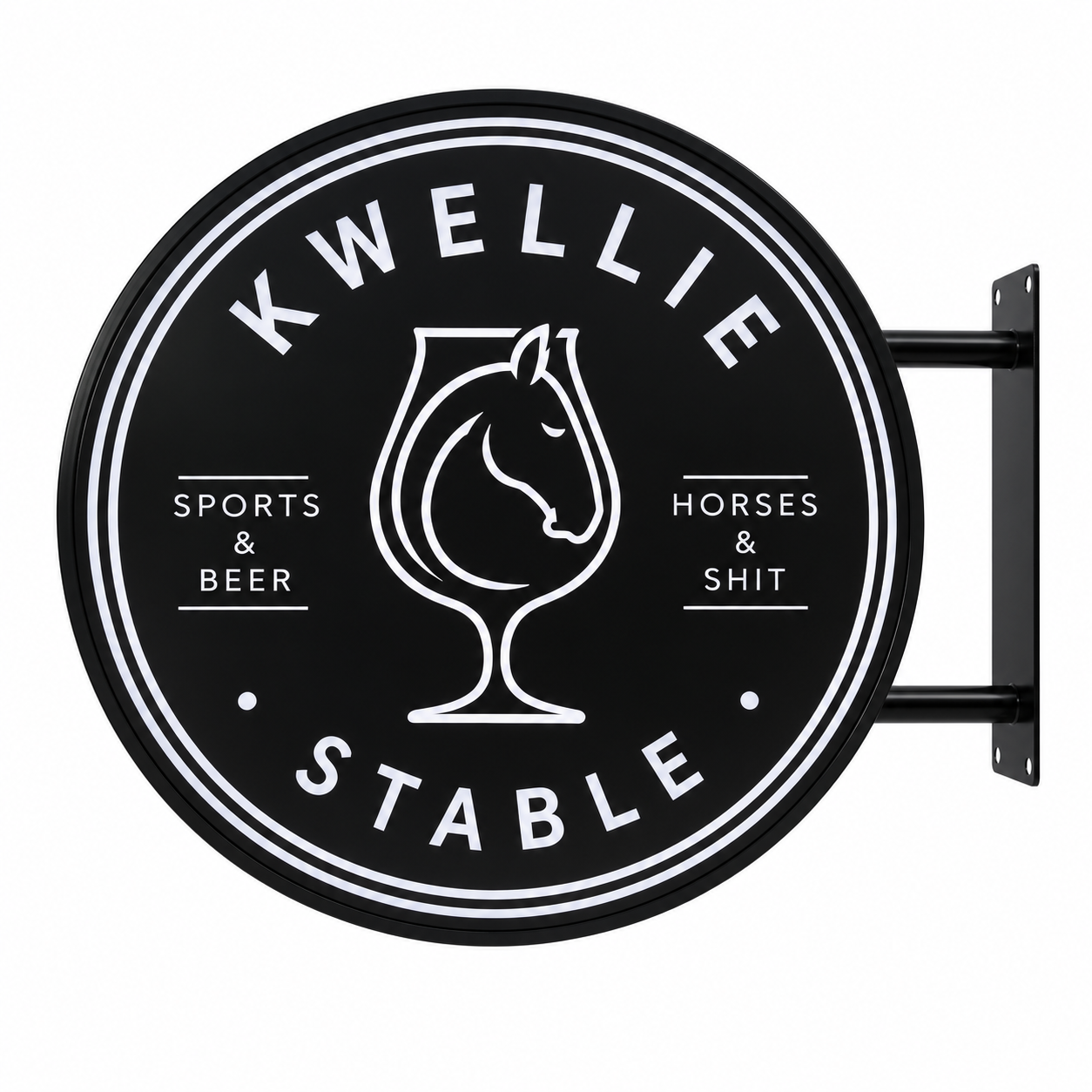 Kwellie Stable 60 cm black round LED sign with white horse and glass artwork