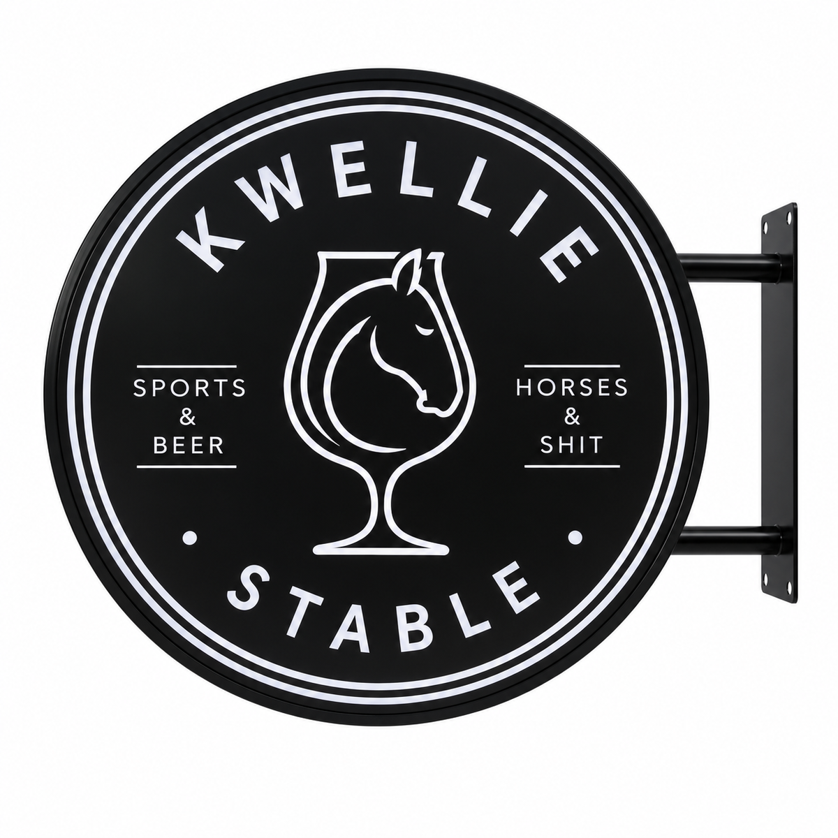 Kwellie Stable 60 cm black round LED sign with white horse and glass artwork