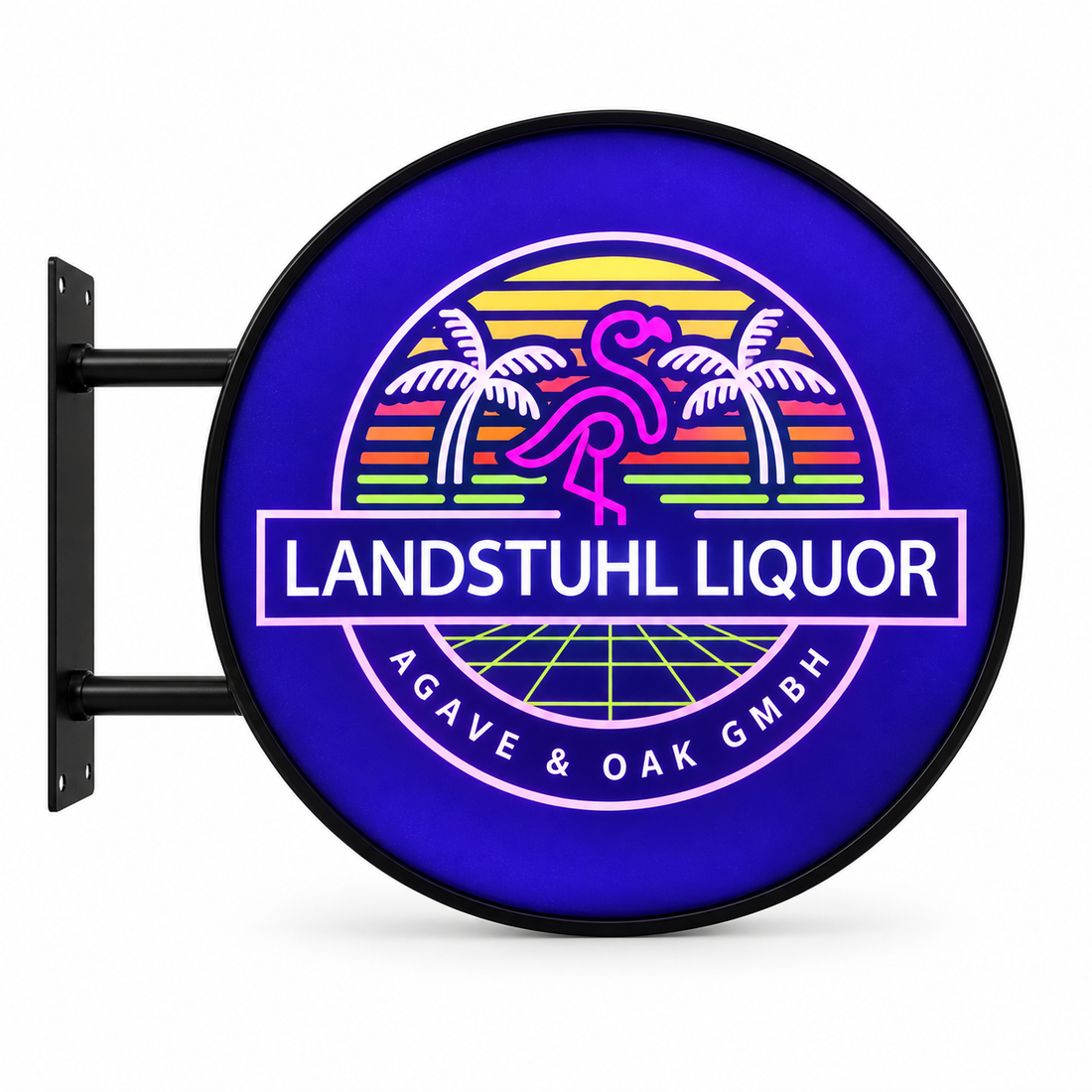 Landstuhl Liquor 60 cm round LED projecting sign with black frame and colourful tropical graphics
