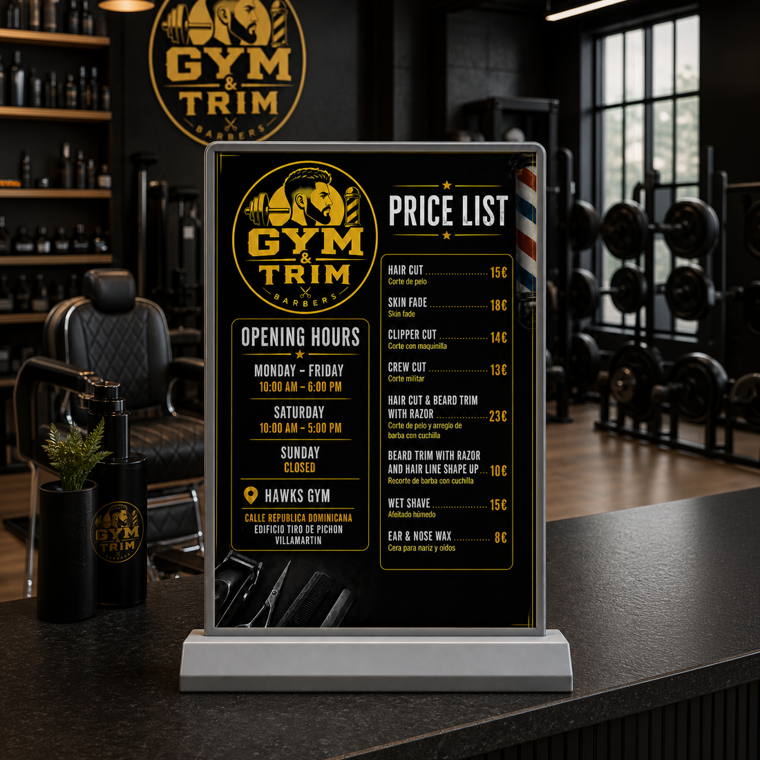 Barbershop Price List Display – Counter LED Lightbox A4 | Villamartin, Spain
