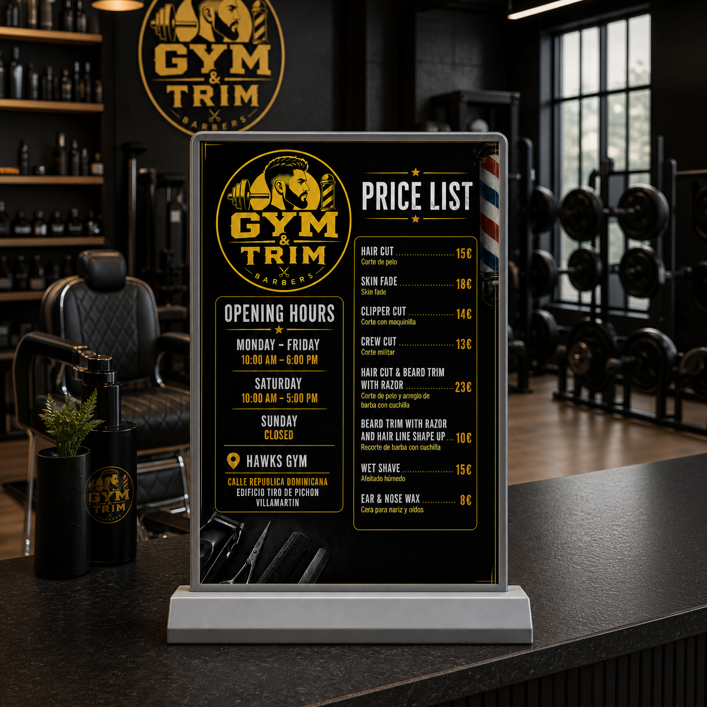 Barbershop Price List Display – Counter LED Lightbox A4 | Villamartin, Spain