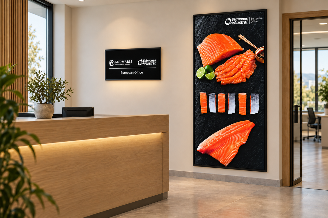 Illustrative office setting with a large salmon display and smaller European Office logo lightbox