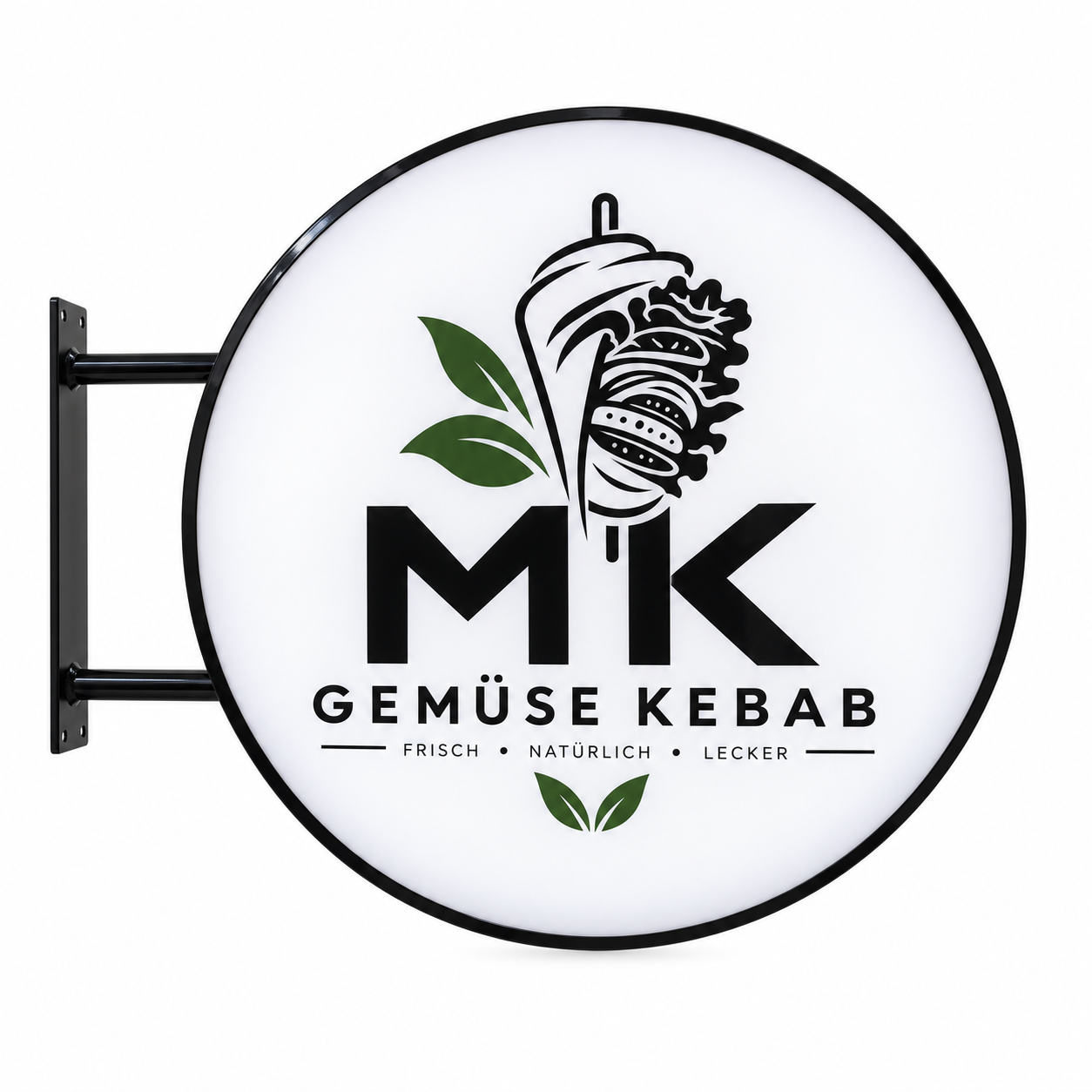 MK Gemüse Kebab 80 cm round LED sign with black frame and green leaf graphics