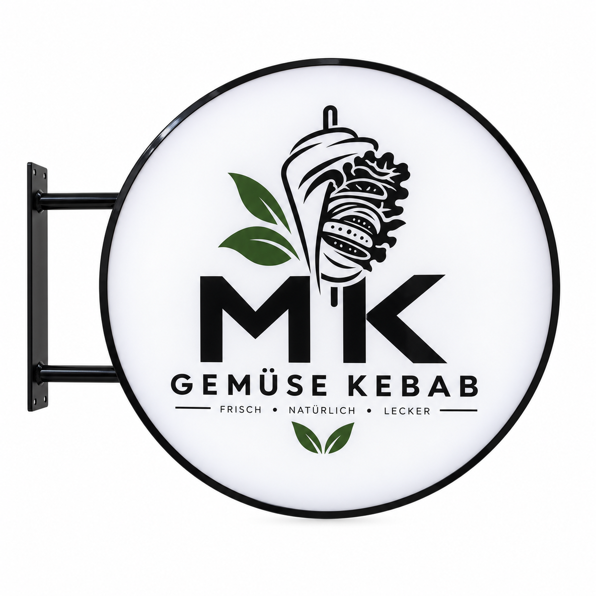 MK Gemüse Kebab 80 cm round LED sign with black frame and green leaf graphics