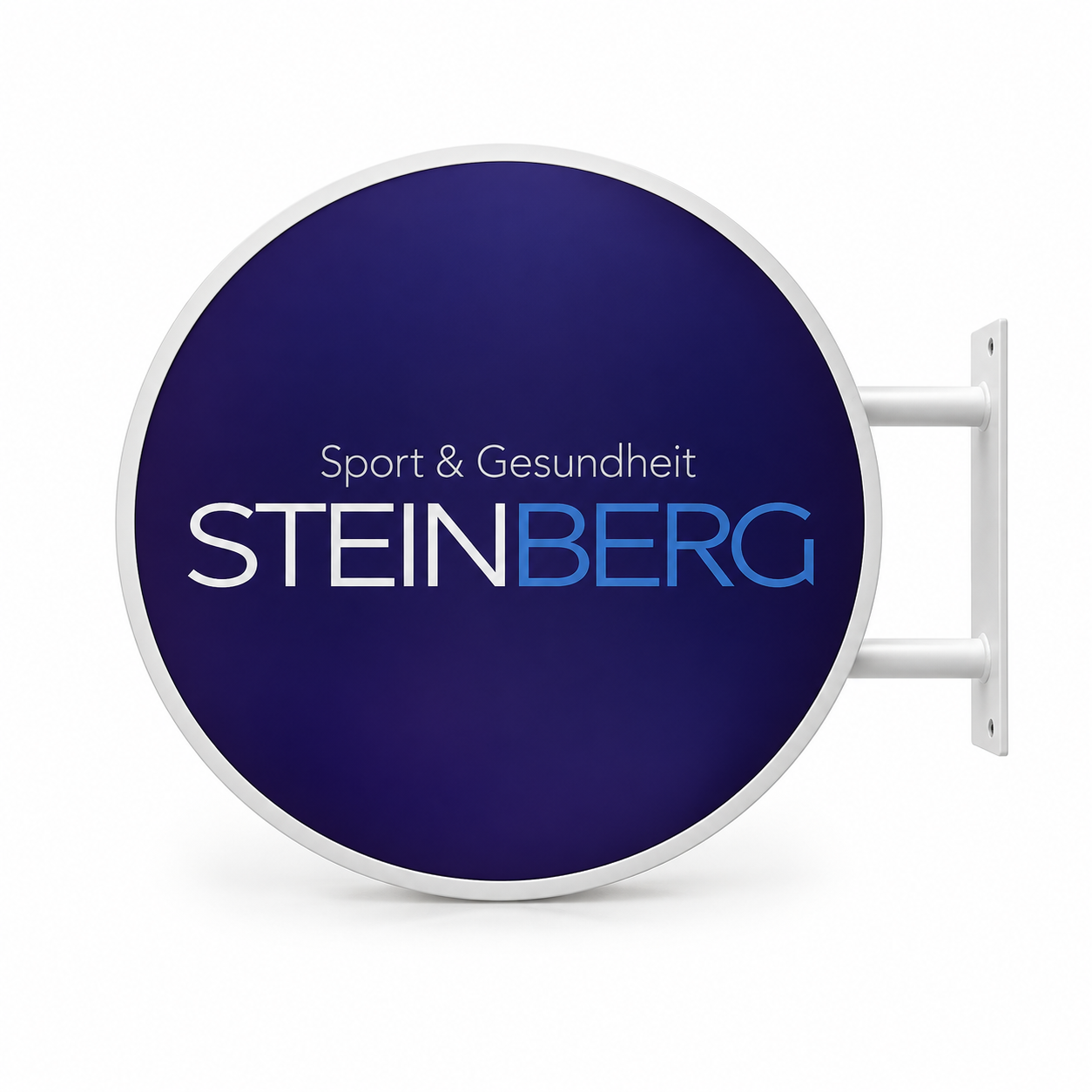 Praxis Steinberg 60 cm round LED sign with white frame and blue and white lettering