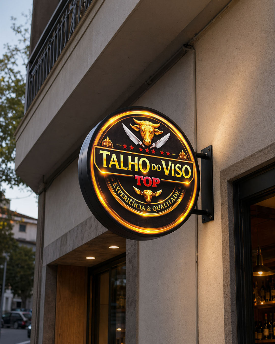 Round LED Lightbox Sign for Butcher Shop – Exterior Projecting Sign | Portugal