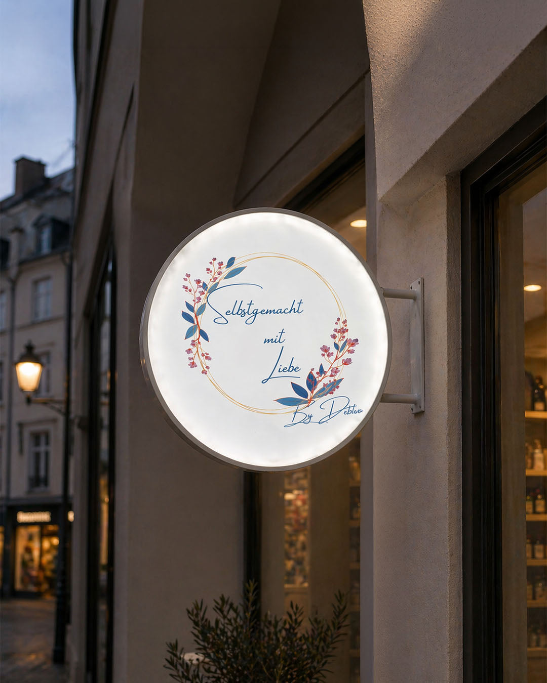 Round LED Lightbox Sign for Handmade Boutique – Exterior Projecting Sign | Germany