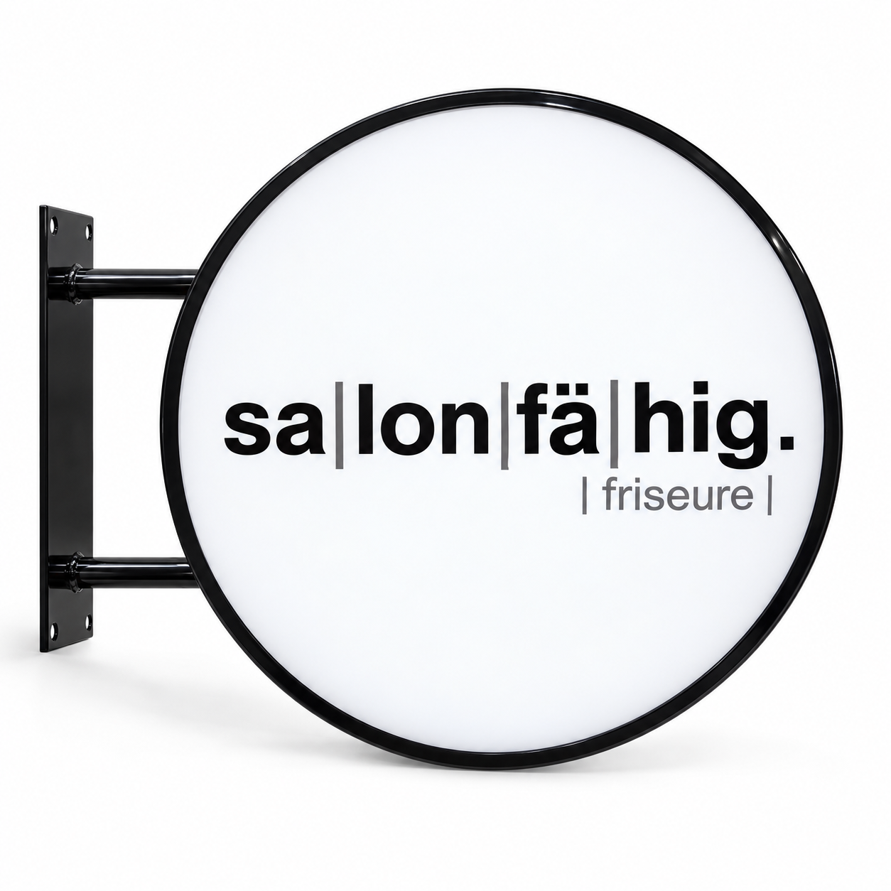 Salonfähig Friseure 60 cm round LED sign with a black frame and white face on a white background