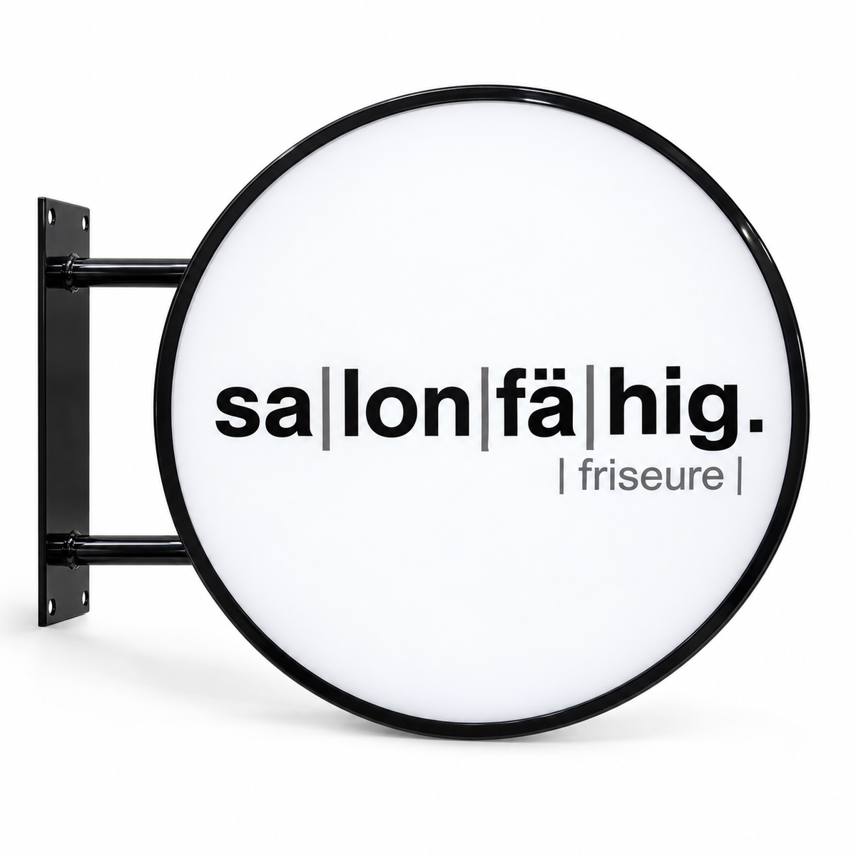 Salonfähig Friseure 60 cm round LED sign with a black frame and white face on a white background