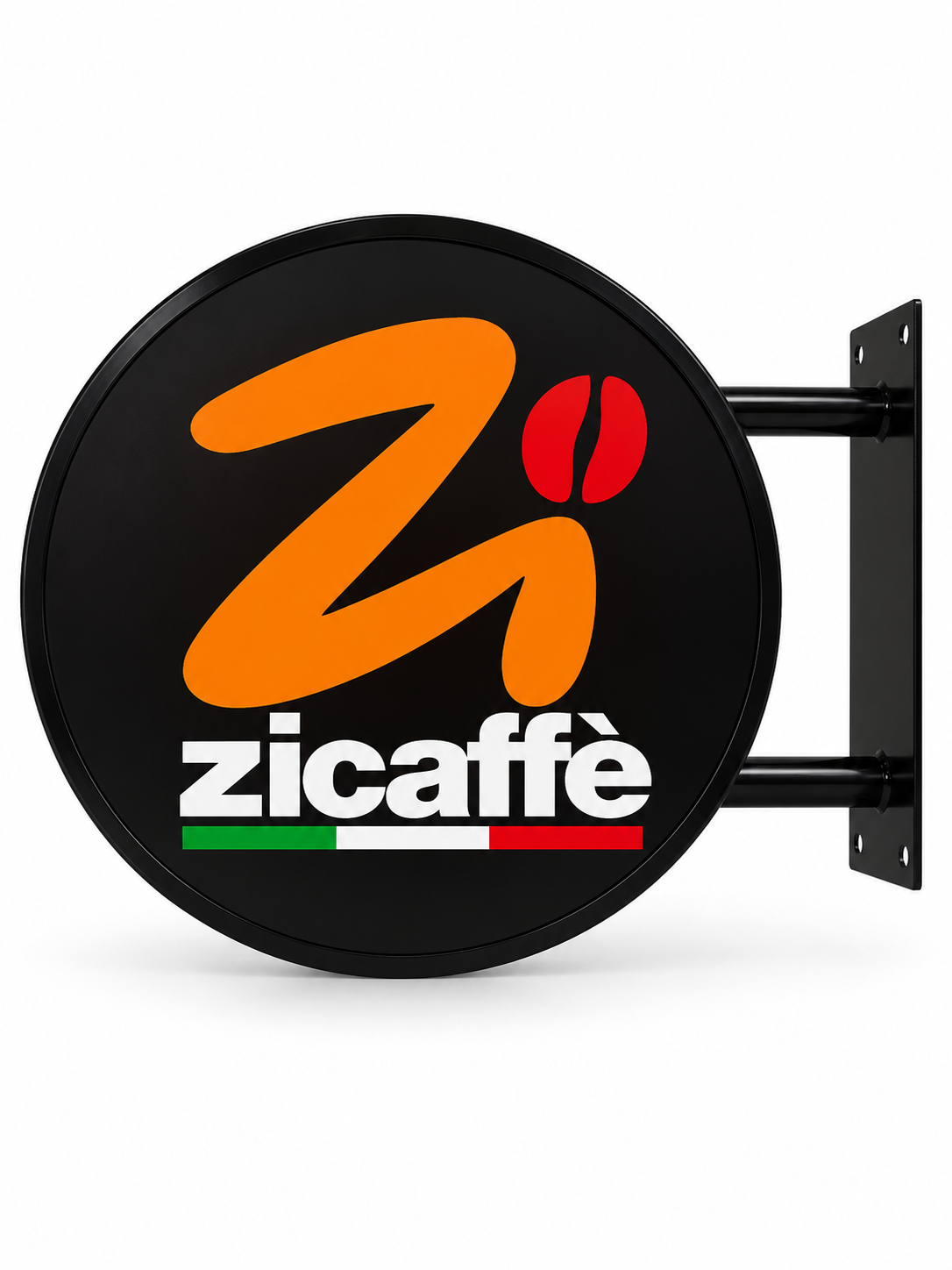 Black 40 cm round LED sign with Zicaffè artwork, supplied for Trezza in Nabburg