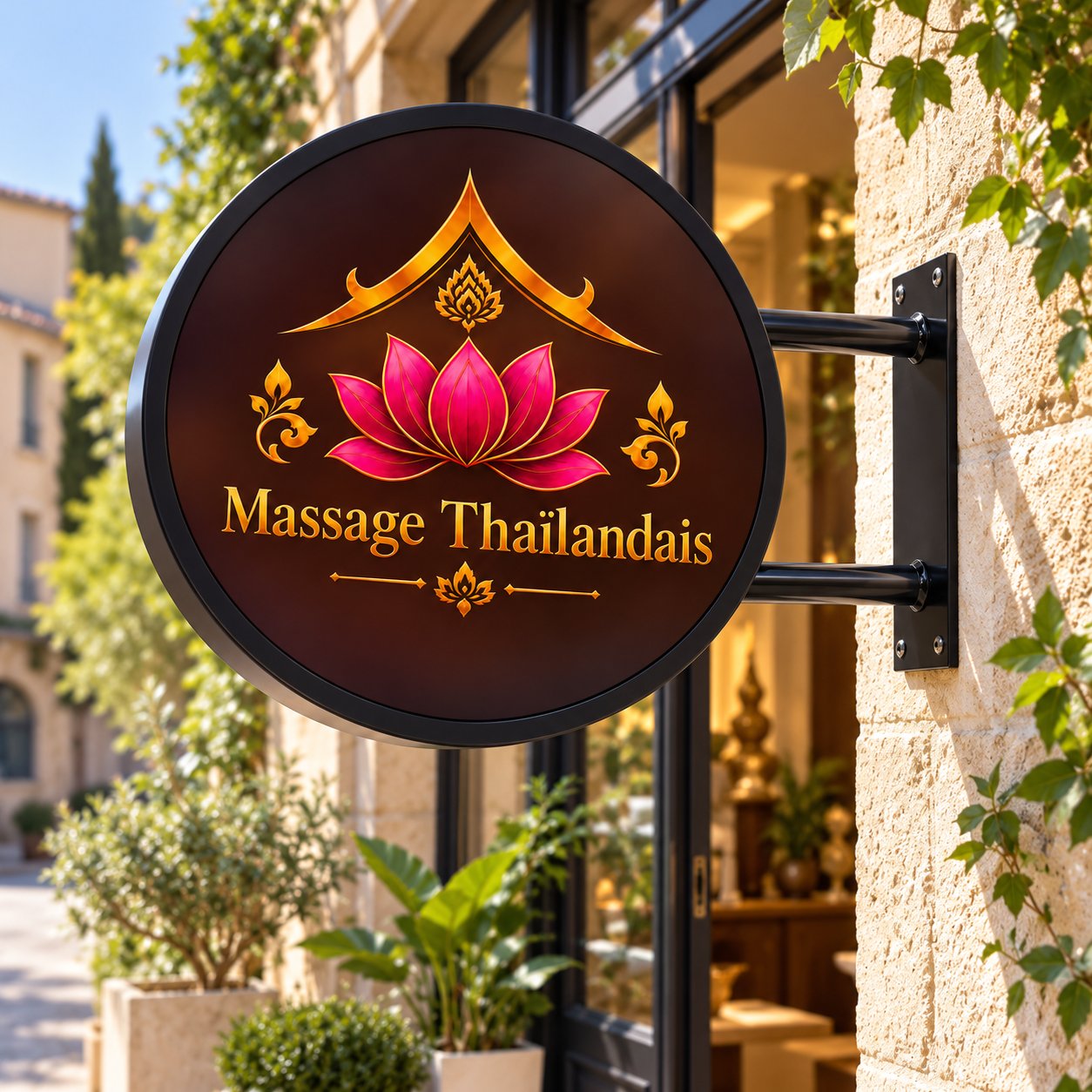 Massage Thaïlandais round sign — illustrative lifestyle setting