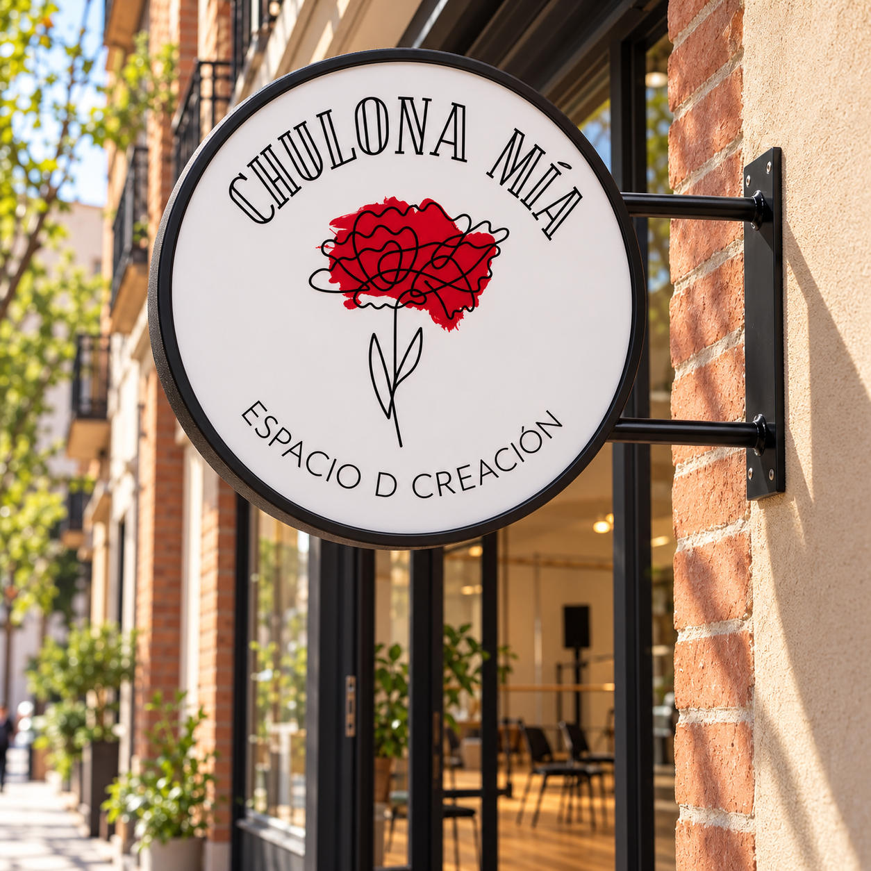 Chulona Mía round sign — illustrative lifestyle setting