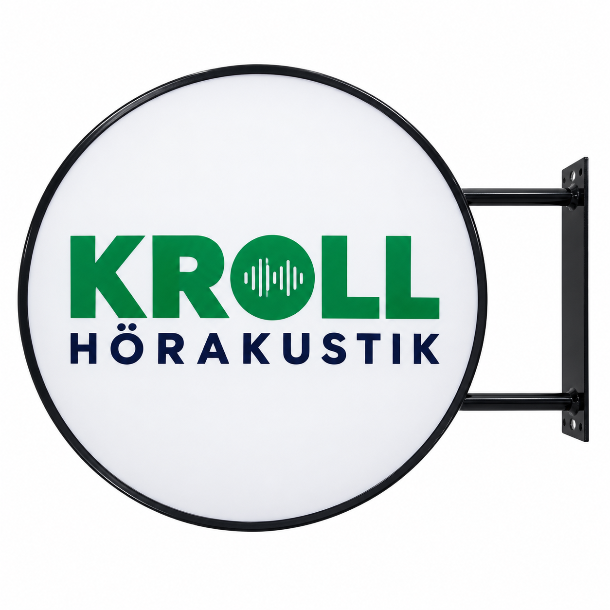 Kroll Hörakustik round sign — finished product on white