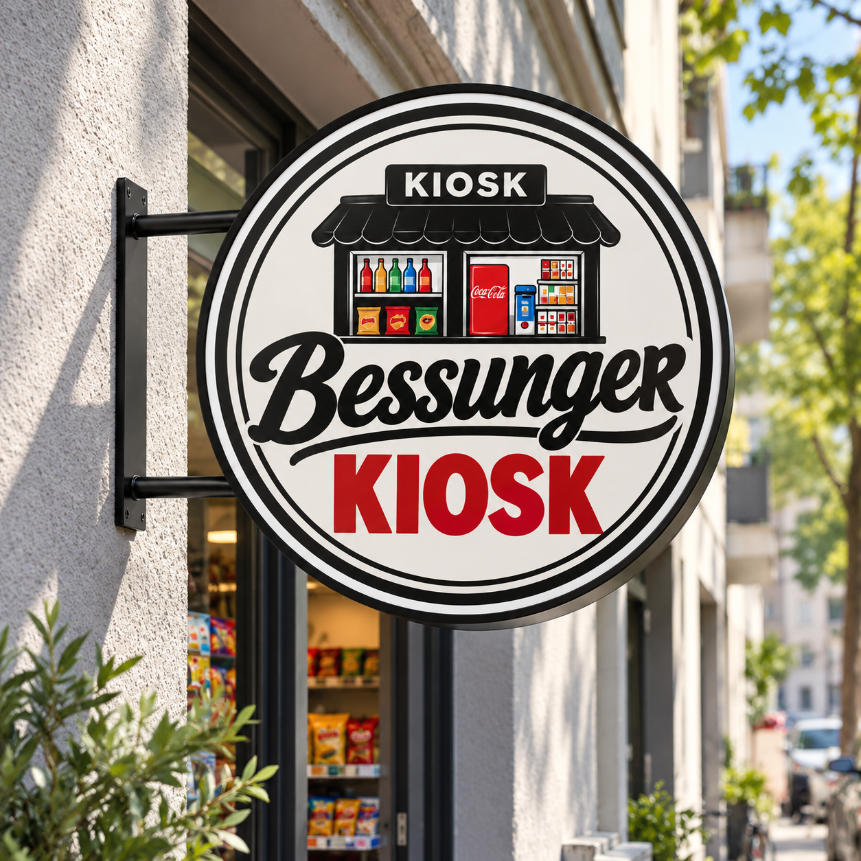Bessunger Kiosk round sign — illustrative lifestyle setting
