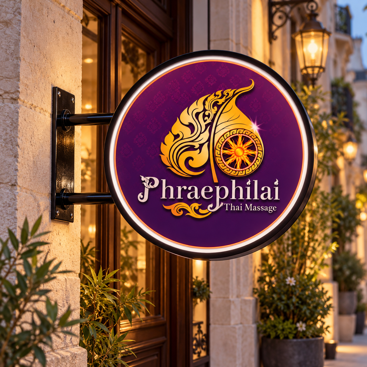 Phraephilai Thai Massage custom LED sign in an illustrative lifestyle setting