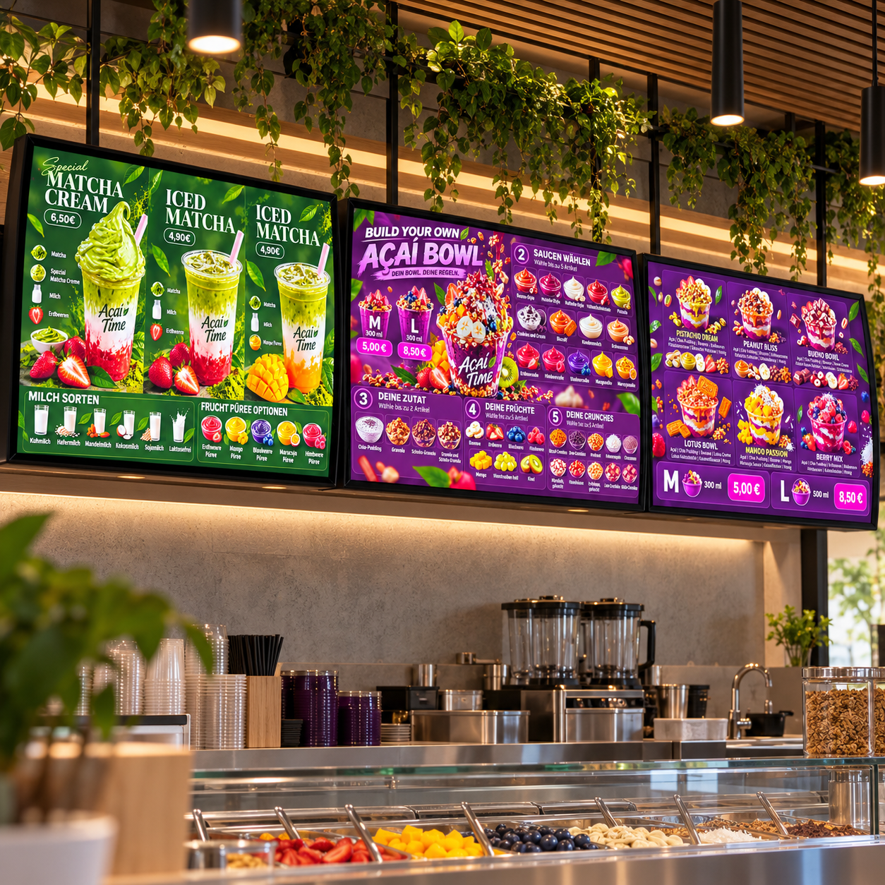Açaí Time custom LED menu lightboxes in an illustrative lifestyle setting
