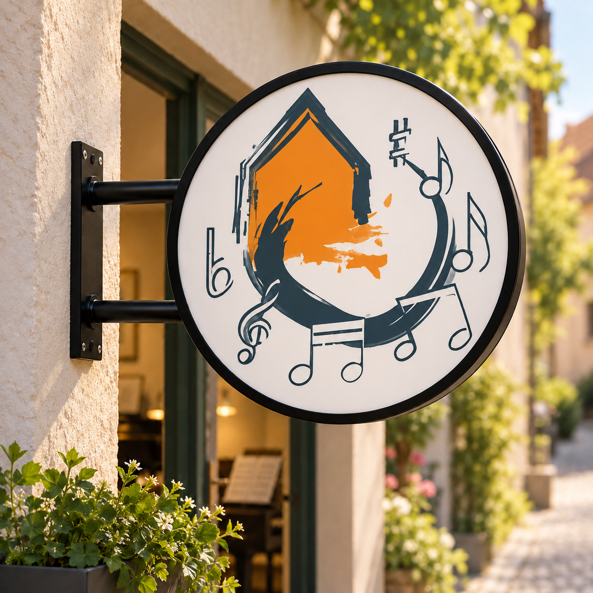 Frau Tobiens Musikraum custom LED sign in an illustrative lifestyle setting