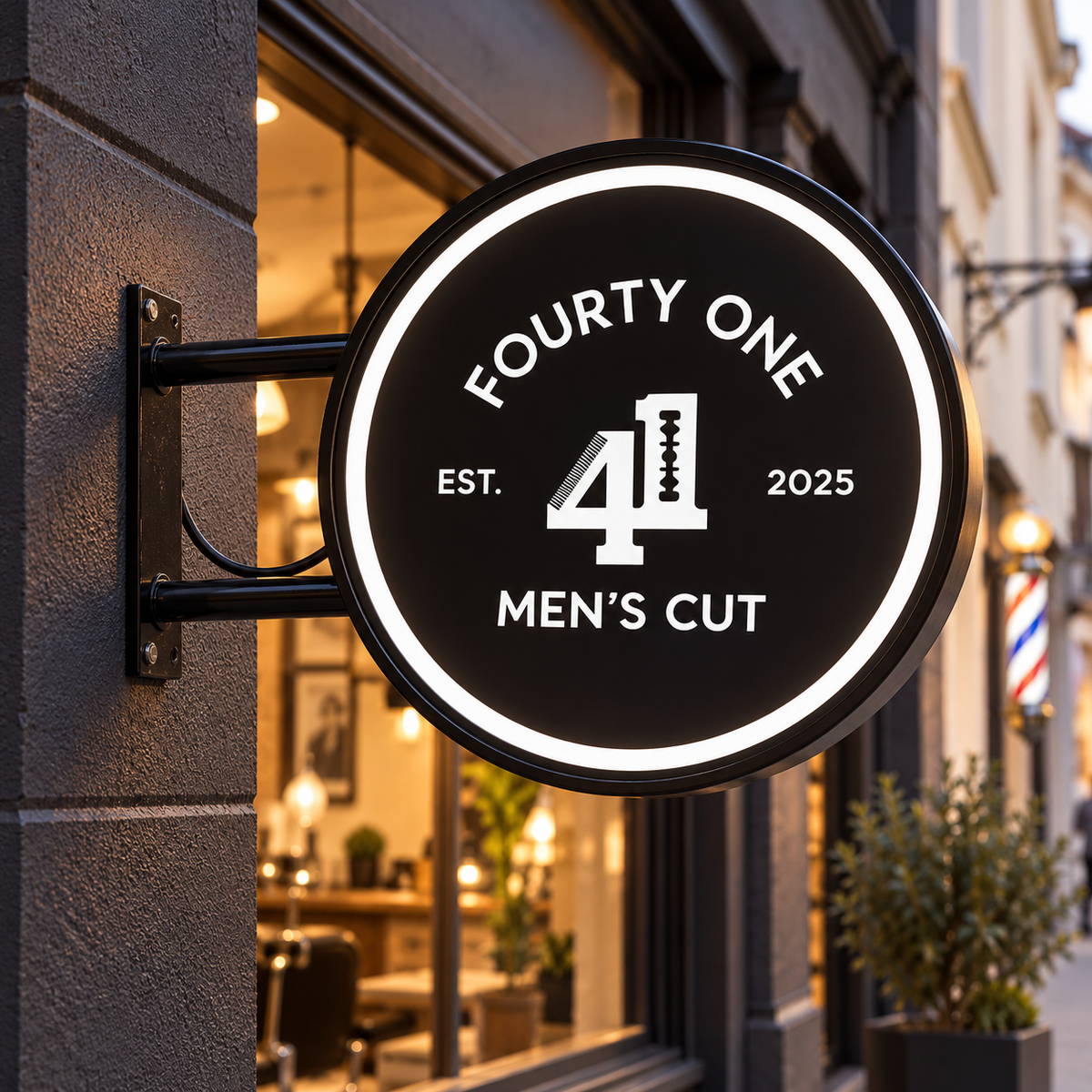 FOURTY ONE MEN’S CUT custom LED sign in an illustrative lifestyle setting