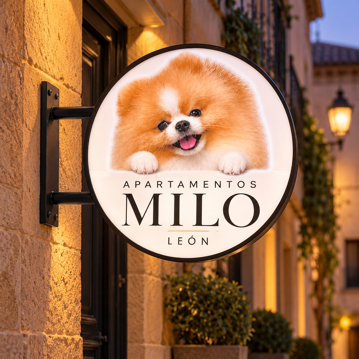 Apartamentos Milo custom LED sign in an illustrative lifestyle setting
