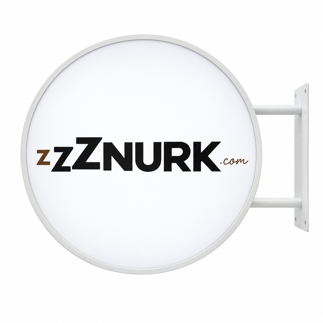 Side one of the Znurk 60 cm white round LED sign with the full wordmark