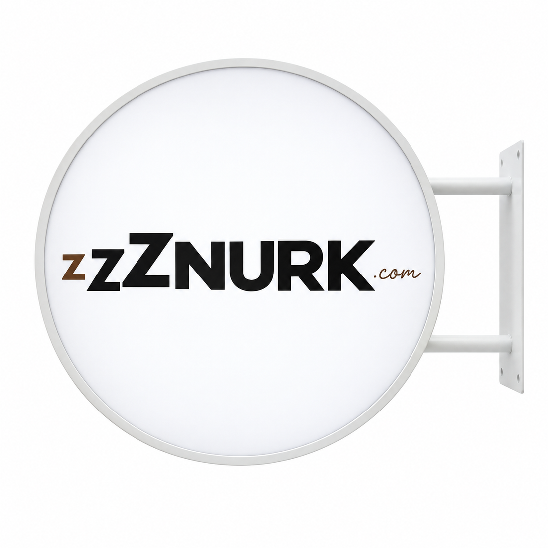 Side one of the Znurk 60 cm white round LED sign with the full wordmark