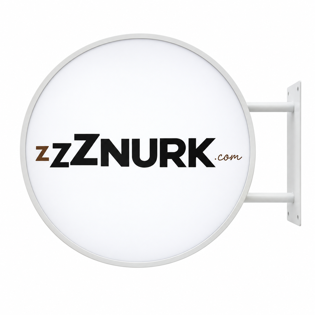 Side one of the Znurk 60 cm white round LED sign with the full wordmark