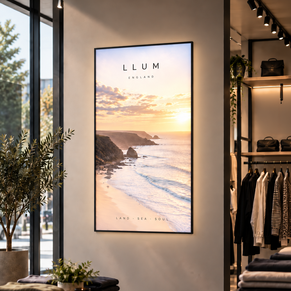 Professional LED lightbox – Black / Large Format XXL (120 × 75 cm) displaying printed artwork in a commercial interior