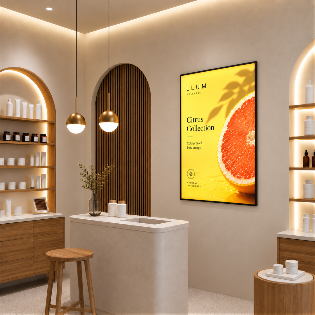 Professional LED lightbox – Black / A1 XL (85 × 60 cm) displaying printed artwork in a commercial interior