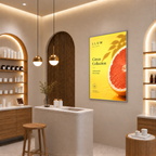 Professional LED lightbox – Silver / A1 XL (85 × 60 cm) displaying printed artwork in a commercial interior