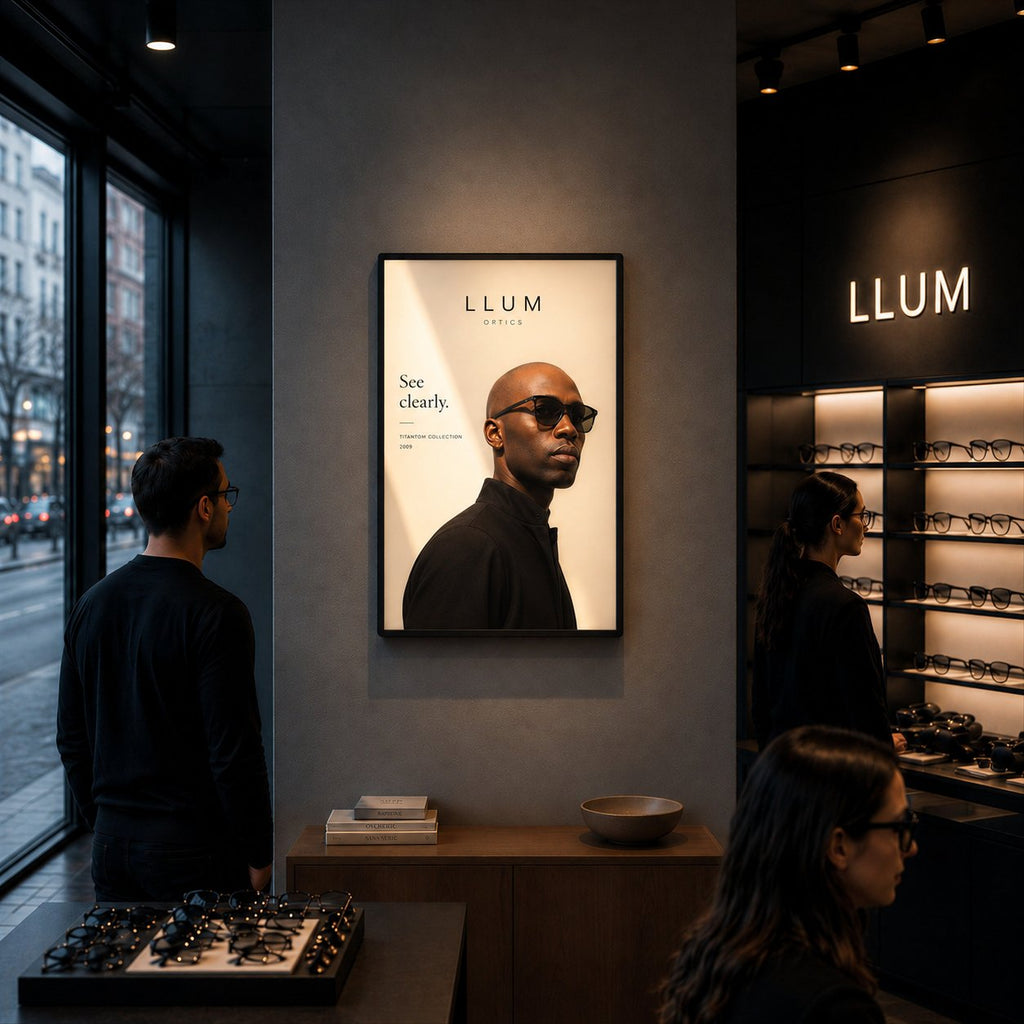 Professional LED lightbox – Black / A2 L (60 × 43 cm) displaying printed artwork in a commercial interior