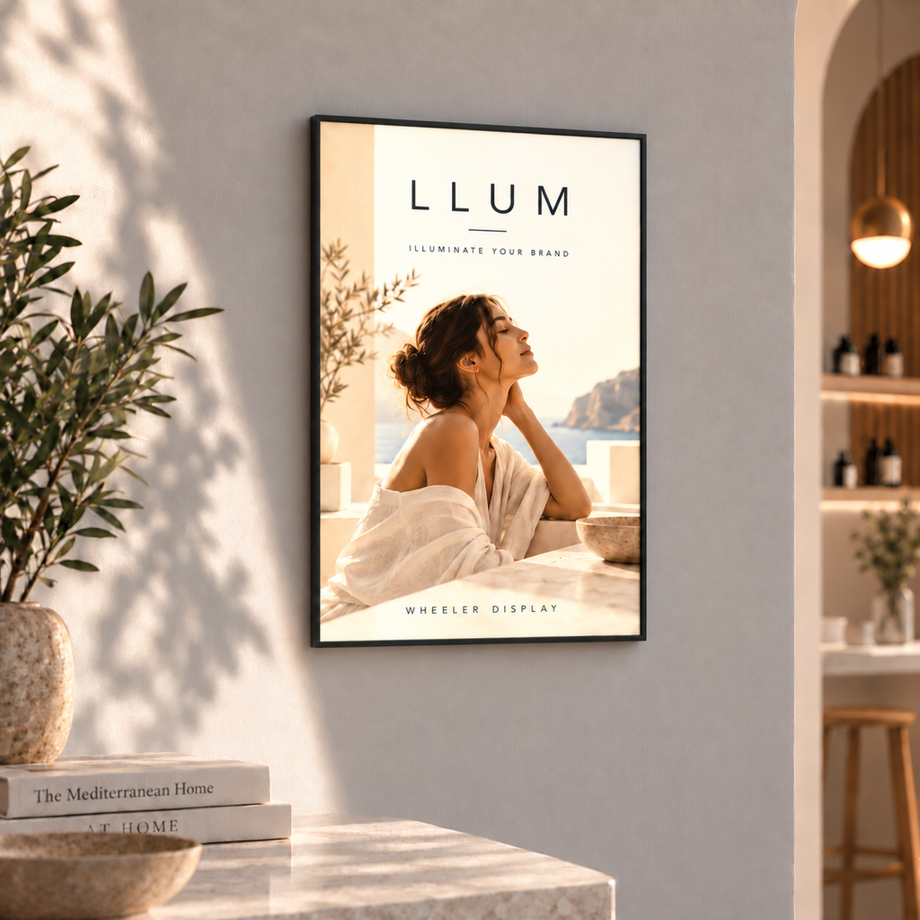 Professional LED lightbox – Black / A3 M (43 × 31 cm) displaying printed artwork in a commercial interior