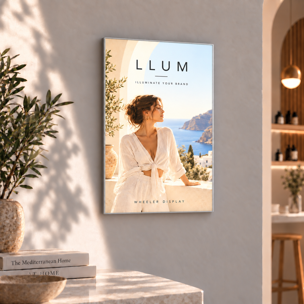 Professional LED lightbox – Silver / A3 M (43 × 31 cm) displaying printed artwork in a commercial interior