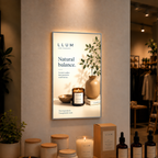 Professional LED lightbox – Silver / A4 S (31 × 22.5 cm) displaying printed artwork in a commercial interior