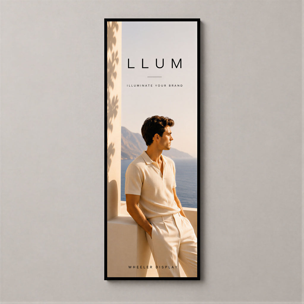Professional LED lightbox – Black / Large Format LFXL (195 × 50 cm) – portrait view with printed artwork