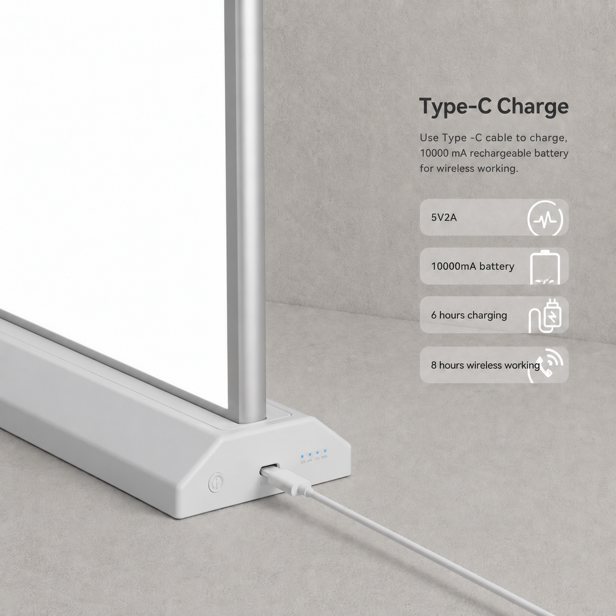 USB-C charging detail of countertop LED lightbox without printing