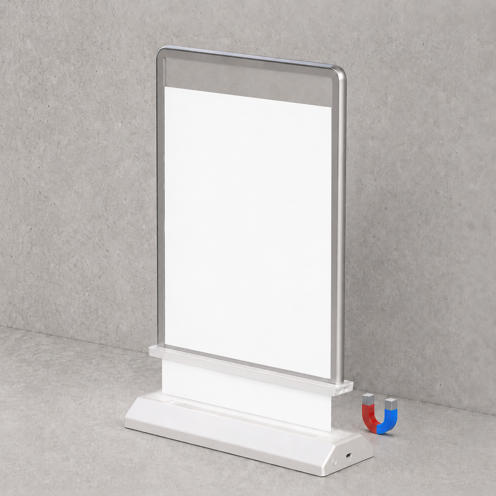 Countertop LED lightbox magnetic frame and blank insert demonstration