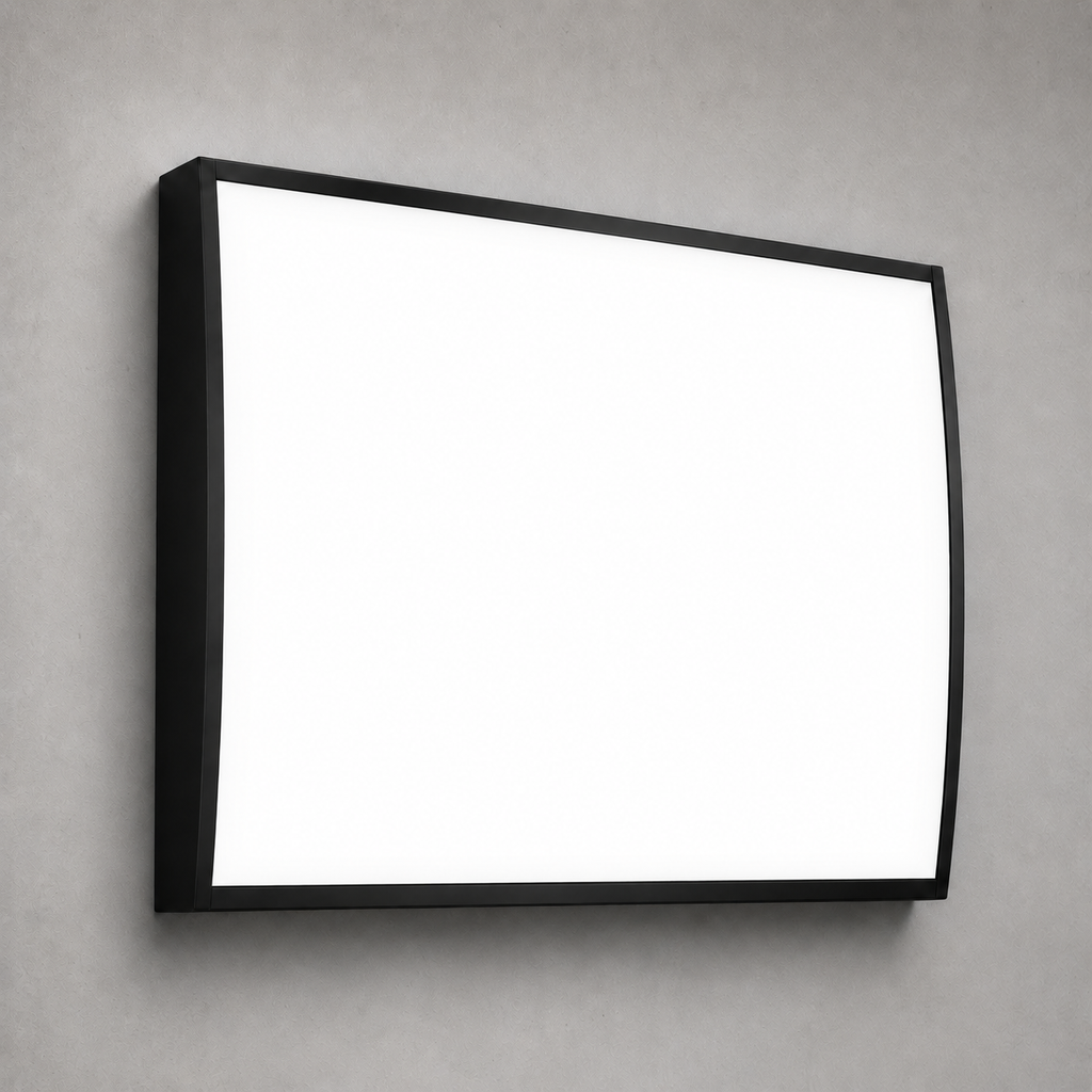 Curved LED menu lightbox without printing, medium size, angled view on concrete wall