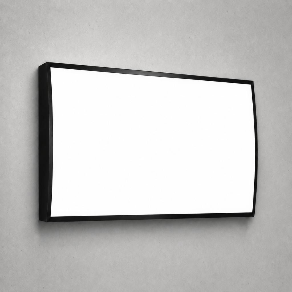 Curved LED menu lightbox without printing, large size, angled view on concrete wall