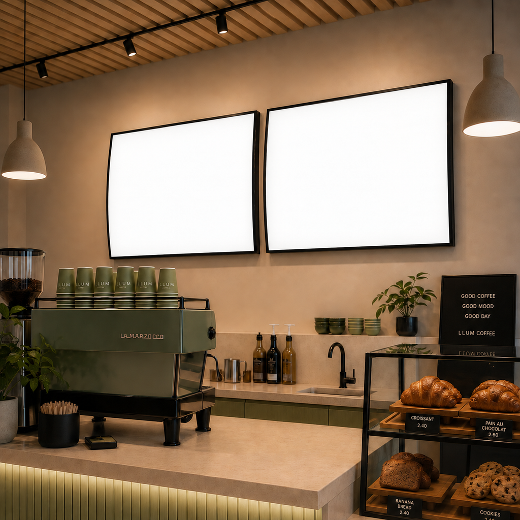 Curved LED menu lightboxes with plain bright white illuminated panels, without printing