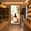 Professional LED lightbox – Black / Large Format LFXXL (195 × 100 cm) displaying printed artwork in a commercial interior