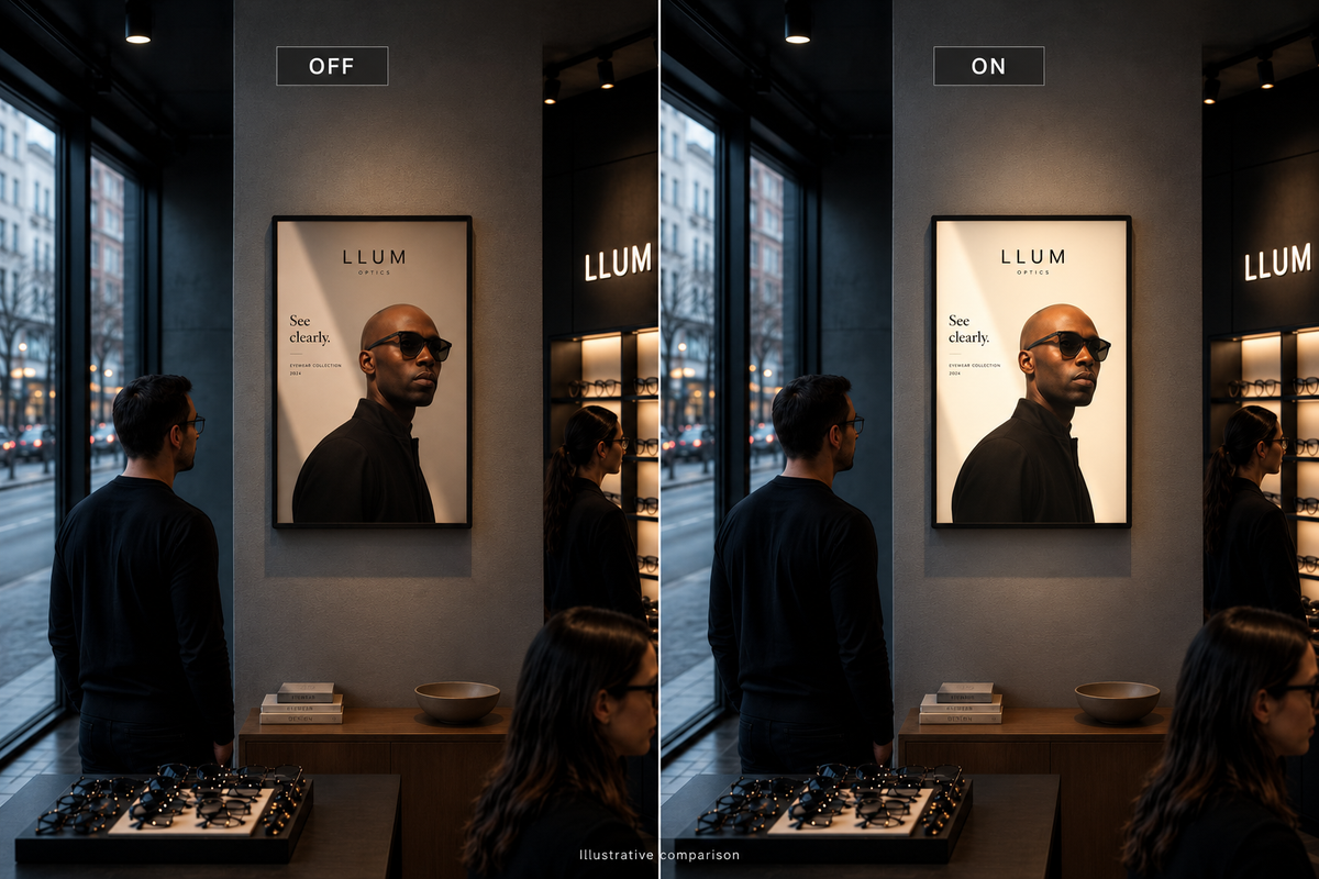 Illustrative comparison of the same printed LED lightbox switched off on the left and illuminated on the right.