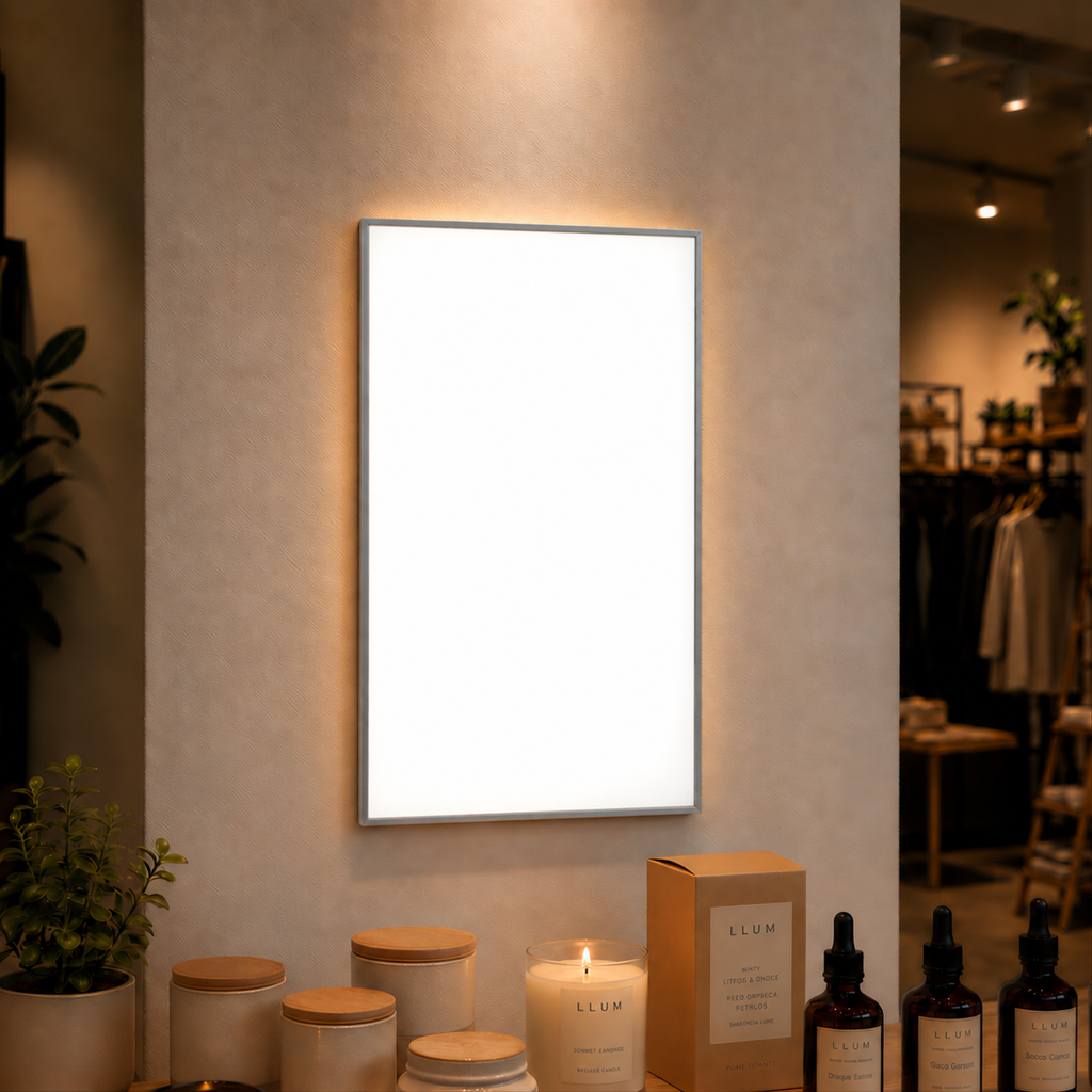 Professional LED lightbox – Silver / A4 S (31 × 22.5 cm) with an unprinted white panel in a commercial interior