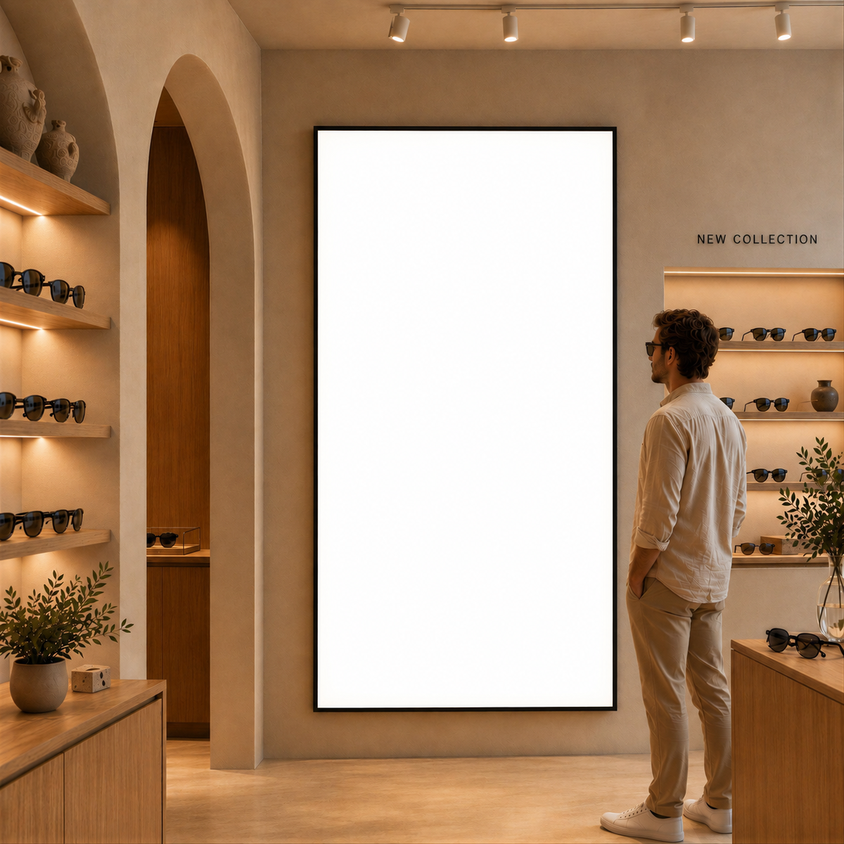 Black-framed indoor LED lightbox with a plain bright white illuminated panel, without printing