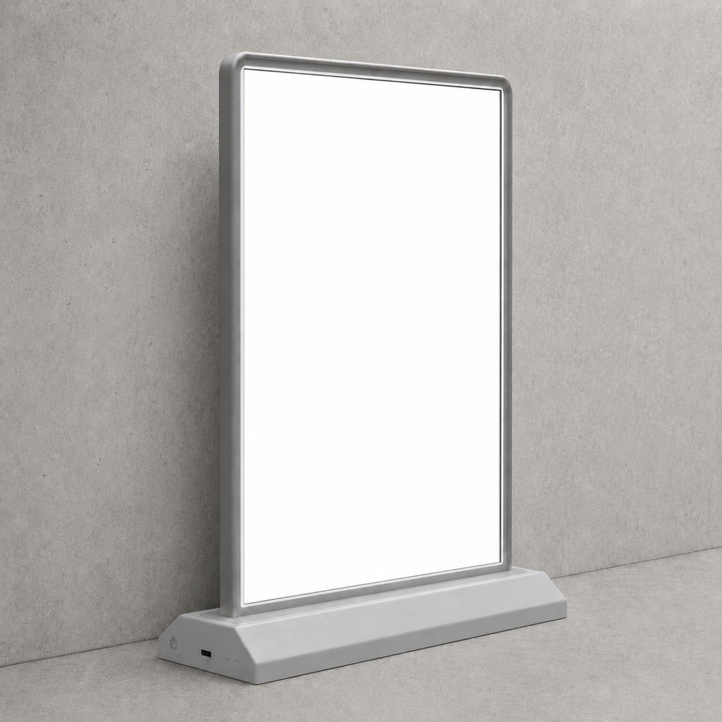 Rechargeable countertop LED lightbox with plain illuminated white panel, without printing