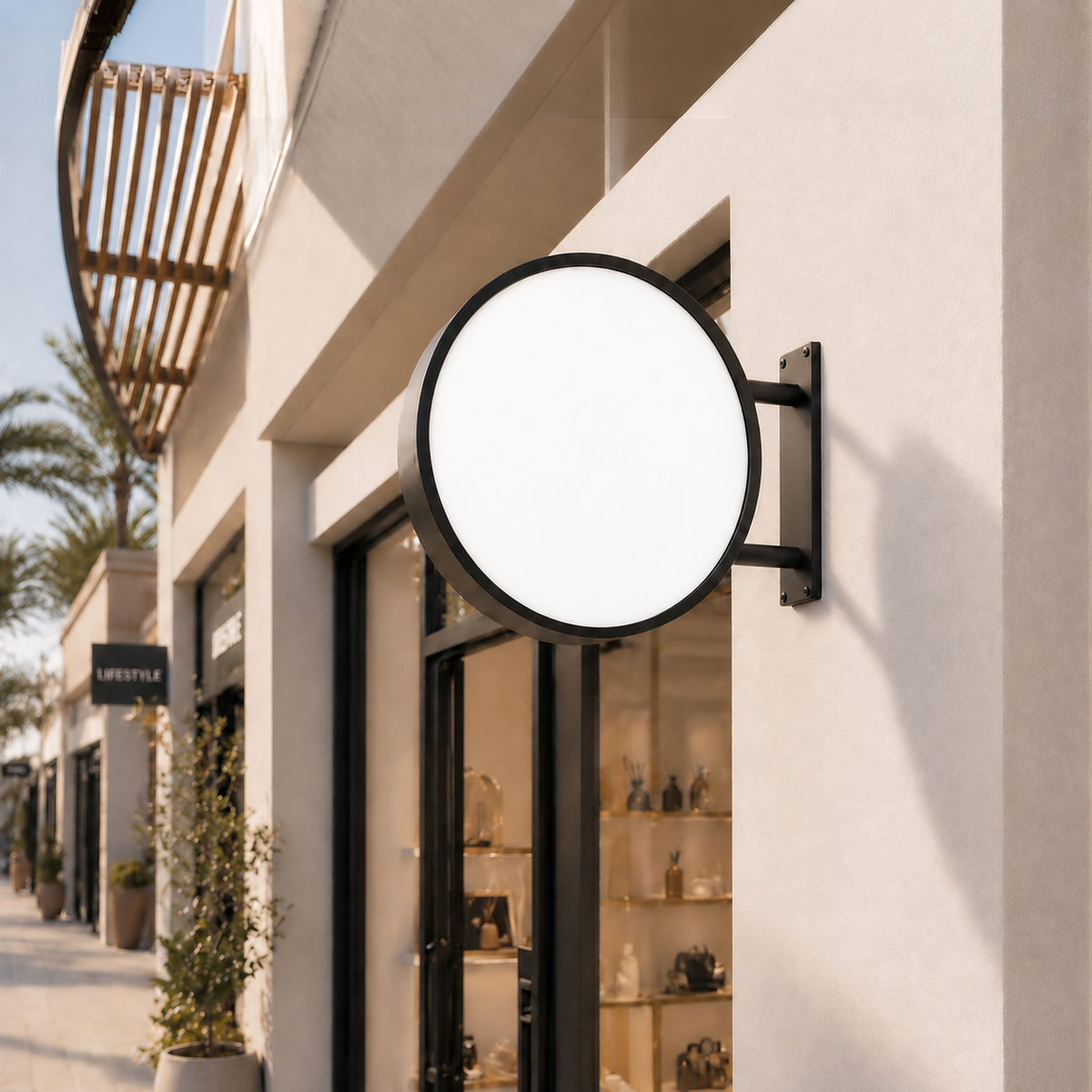 Black round outdoor LED sign with blank white faces — printing not included